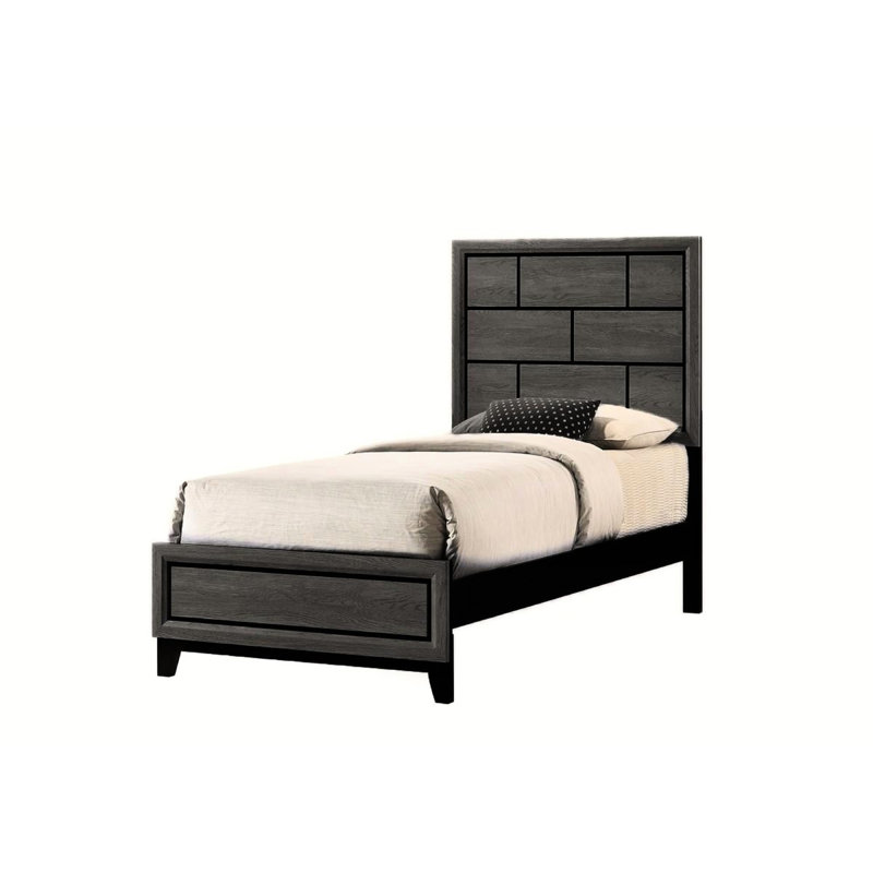 Lit simple en bois à profil bas gris avec tête de lit géométrique - Cadre de chambre contemporain