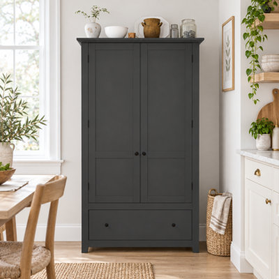 Armoire de cuisine autoportante haute avec portes Shaker, 4 tiroirs, supports de porte et tablettes réglables