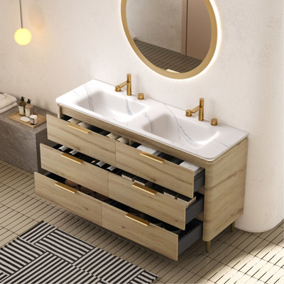 White 60'' Freestanding Bathroom Vanity With Sintered Stone Basin, 6 Drawers, Oak Finish, Pre - Assembled, Led Lights, Soft Closing Drawer Mechanism Integrated High Grade Plywood Structure, Lighting,