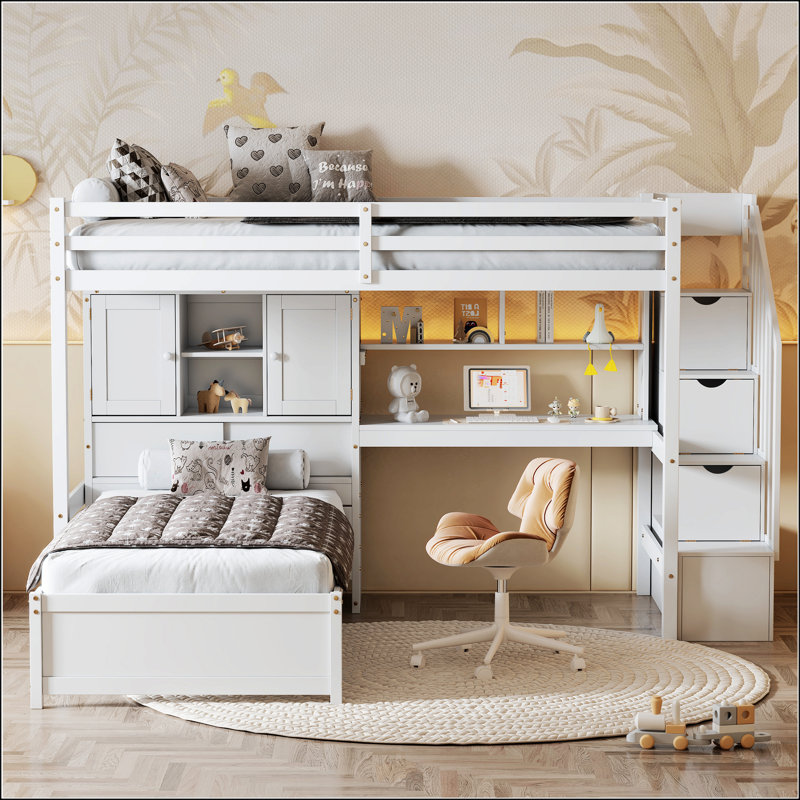 Lit mezzanine simple au-dessus de simple avec bureau intégré et escalier