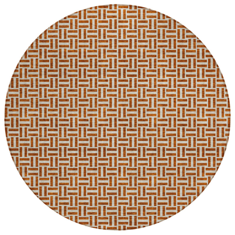 Tapis extérieur rond lavable géométrique 8 pi cuivre et beige