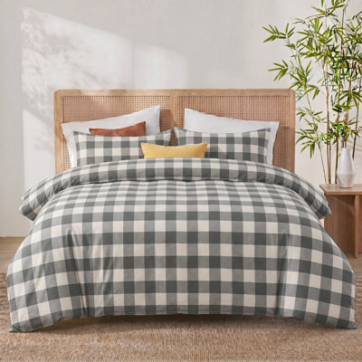 100% Cotton Check Duvet Cover Set, 100% Washed Cotton Bedding, King Size 3 Piece Soft Breathable Comforter Cover Set with Hidden Zipper and 8 Corner Ties, Heather Gray