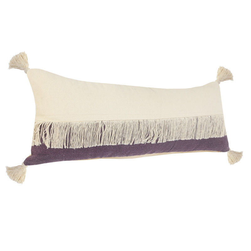 Purple and Off-White Cotton Fringe Lumbar Pillow, 14" x 36"