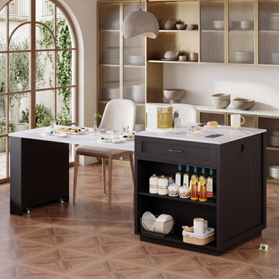 Îlot de cuisine 82,7 po à deux tons avec table de salle à manger extensible, pouvant accueillir 4 à 6 personnes, prise de courant intégrée, 2 tiroirs et 2 tablettes ouvertes latérales