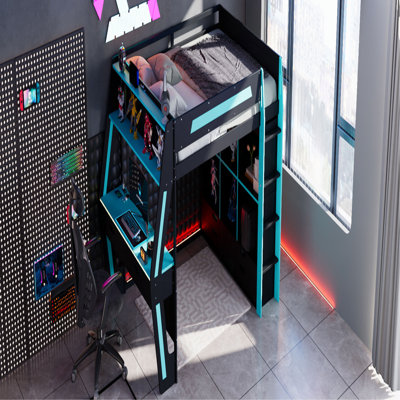 Full Size Gaming Loft Bed with Integrated Desk, Smart RGB LED Lights and USB Ports, Wooden High Bed with 6 Storage Cubbies, 6 Drawers and Safety Staircase, Gamer Bed for Teens and Adults