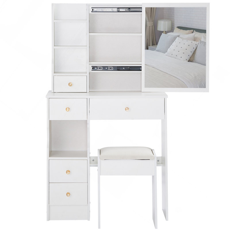 Table de coiffeuse 29,2 po avec tiroir à gauche avec tabouret rembourré, rangement multi-couches grande capacité, commode pratique