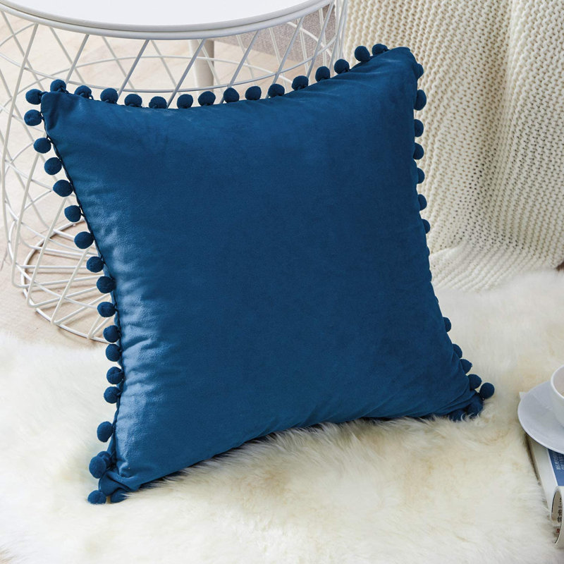 Pom Pom Velvet Square Pillow Cover, Blue, 18"x18"