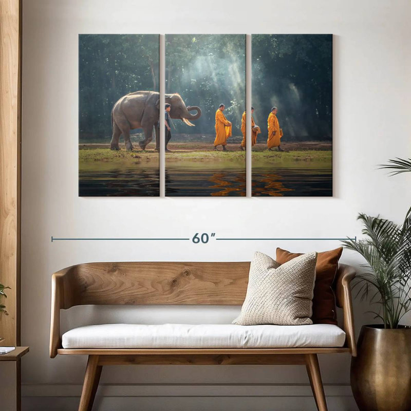 Brampt, éléphant et moines bouddhistes, H 32 po x l 50 po