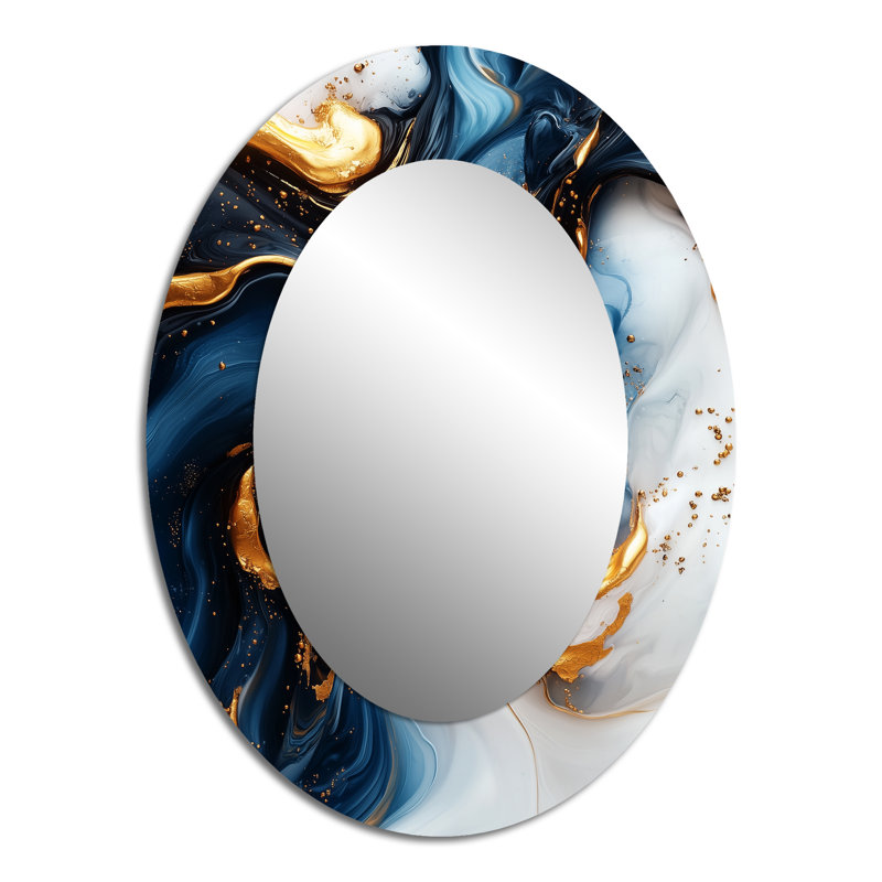 Abstract Marble In Blue And Gold - Abstract Oval Decorative Mirror On Metal, 40" x 30"