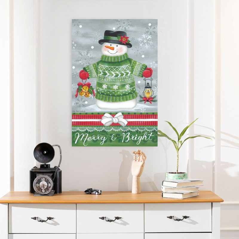 Chandail vert bonhomme de neige abstrait, art contemporain hivernal, H 24 po x l 16 po