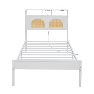 Twin Bed Frame With Headboard, Platform Bed With LED & Charging Station, The Rattan-Framed Headboard Exudes A Classical Charm, No Box Spring Needed, Noise Free, Easy Assembly, White