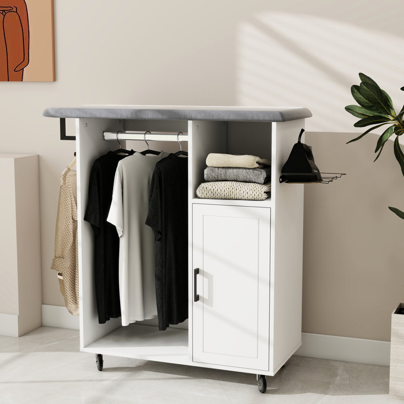 Chariot à repasser compact compact blanc E1 avec planche, idéal pour la lessive et la cuisine, planche à roulettes réglable sur le chariot pour économiser de l'espace, chambre d'armoire polyvalente, couvercle chauffant