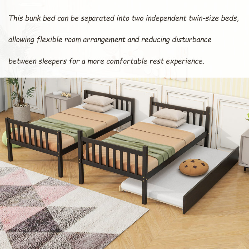 Twin Over Twin Bunk Bed with Trundle for 3 Kids, Wood Convertible Bunk Bed Frame with Safety Guardrail & Ladder Detachable Bed for Small Bedroom Guest Room, Espresso