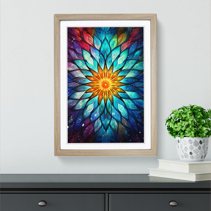 Mandala Abstract - Single Picture Frame Print on Wood, 34cm H x 25cm W x 2cm D, Oak Framed