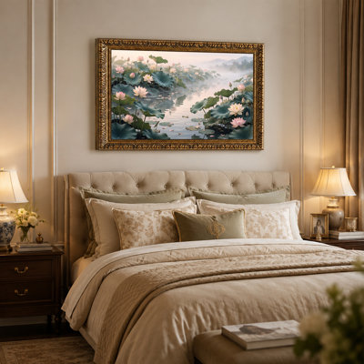Art mural sur toile rose et blanc avec fleurs de lotus dans un étang brumeux