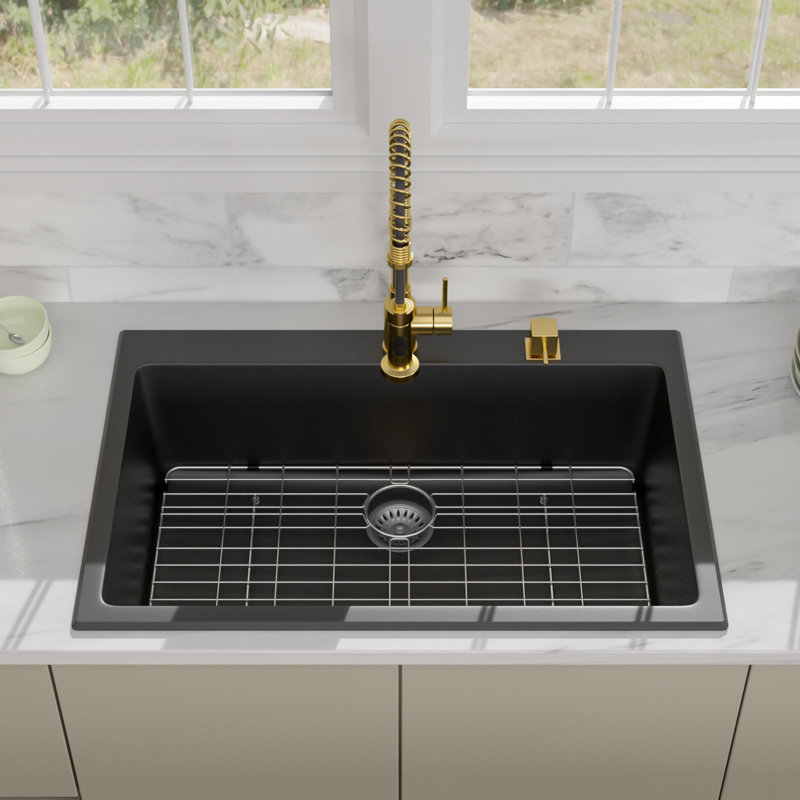 Évier de cuisine en granite noir encastrable 33 po avec accessoires 33 po