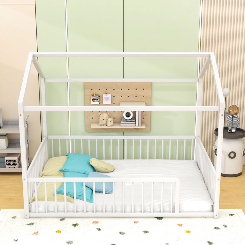 Metal Floor Bed With House Shaped And Fence, Full, White