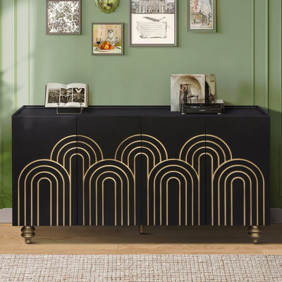 Buffet cannelé avec rangement, armoire à 4 portes avec tablettes réglables pour la cuisine, la salle à manger ou le salon, noir | Idée de cadeau