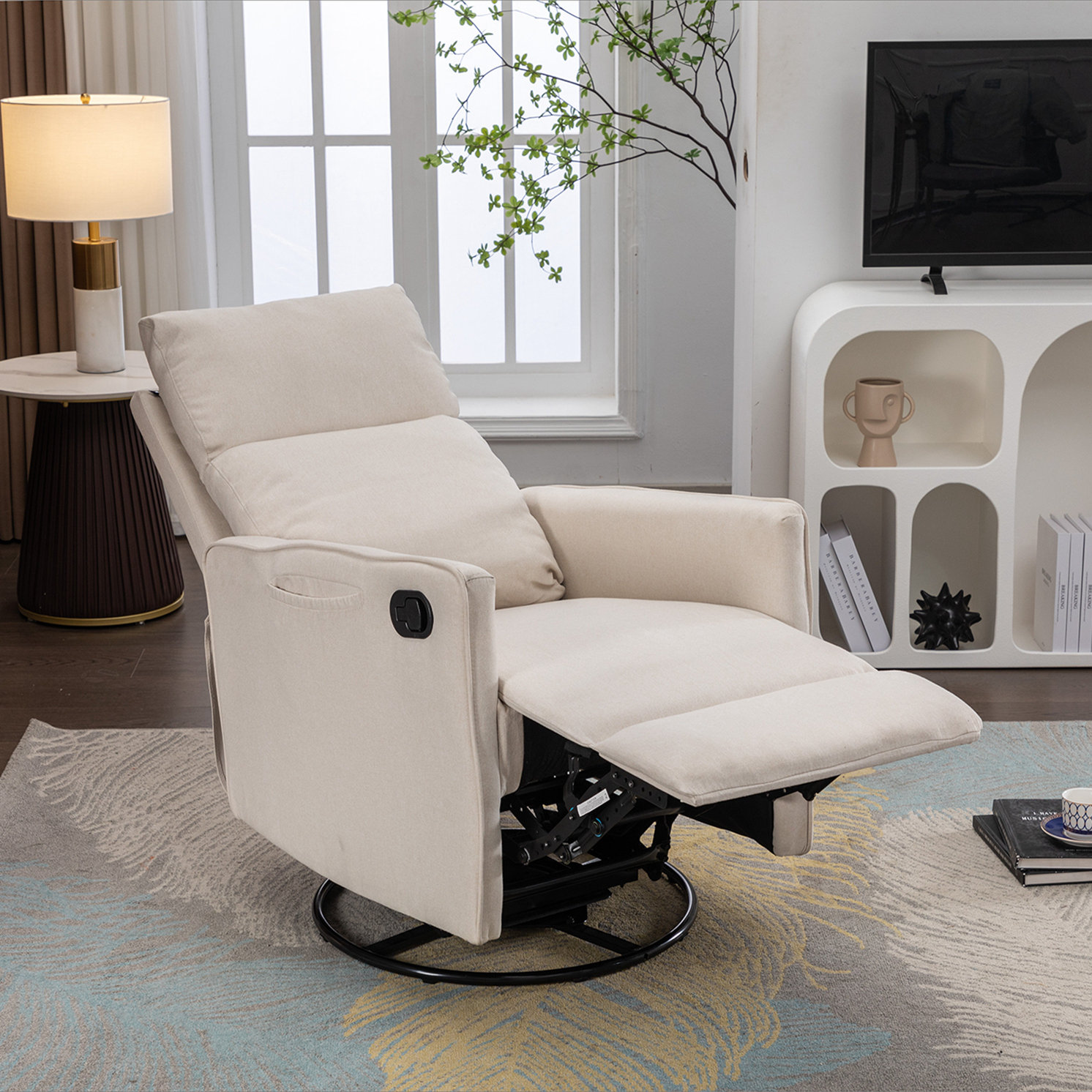 Nursery Rocking Chair, Teddy Fabric Upholstered Glider Rocker With Retractable Footrest And High Backrest, Modern Rocking Accent Chairs Comfy Side Chair Nursery Bedroom
