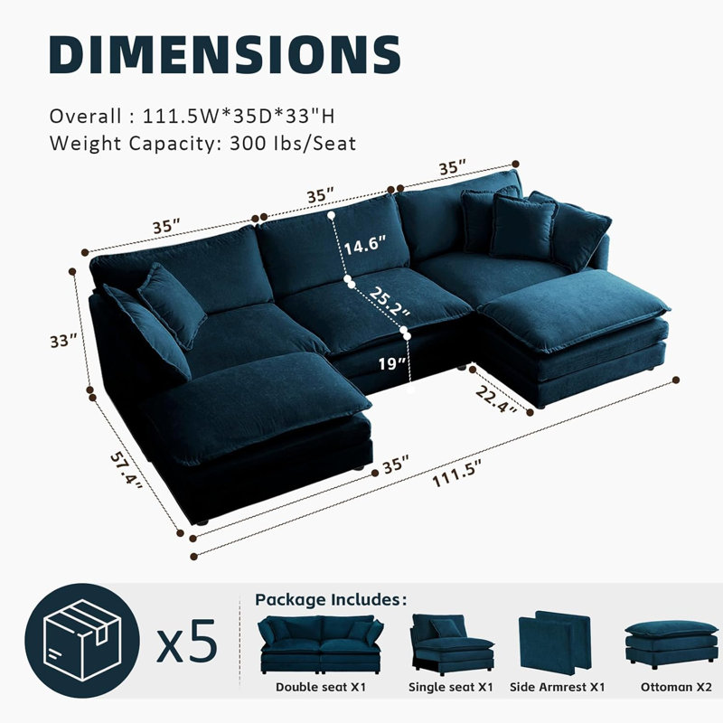 Canapé modulaire en U en chenille avec repose-pieds mobile à 2 compartiments Latitude Run, Chenille bleu
