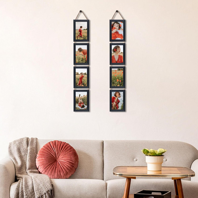 Paquet de 4 cadres photos suspendus 4 x 6 avec corde de chanvre - décoration murale verticale noire texturée, languettes de verrouillage rotatives faciles à installer, présentoir multi-photos pour la maison et le cadeau rustique