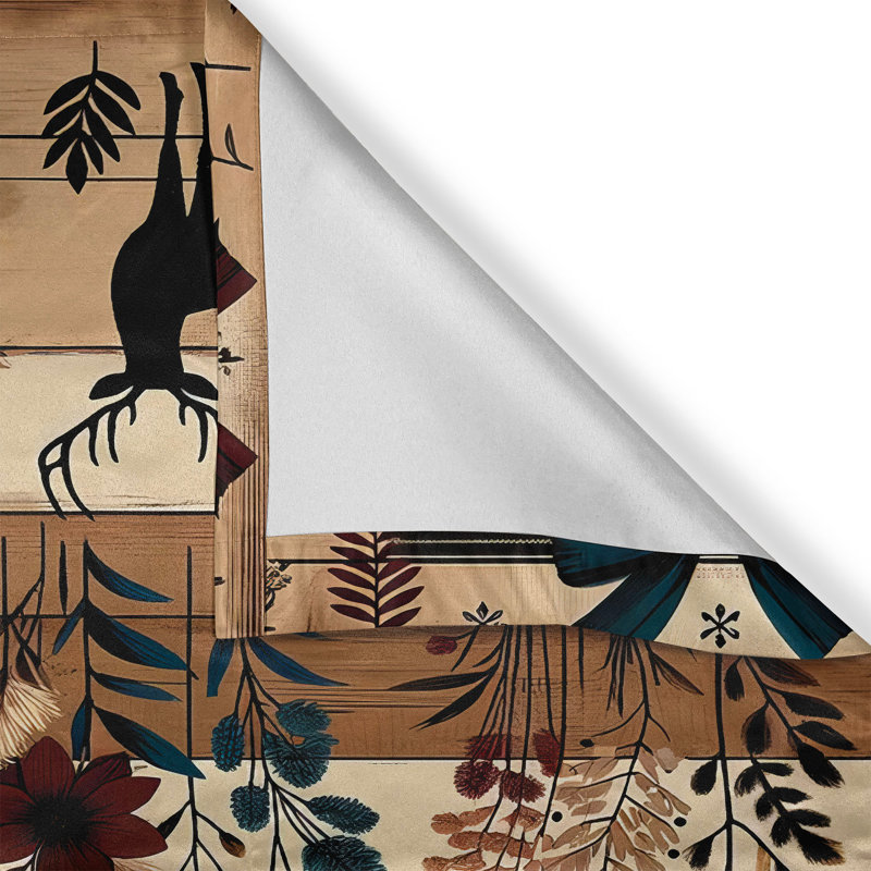 Floral Deer Print Blue and Beige Polyester Kitchen Curtains