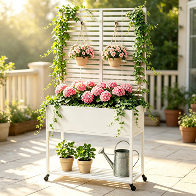 Outdoor Metal Trellis Planter with Bottom Storage Rack and Wheels