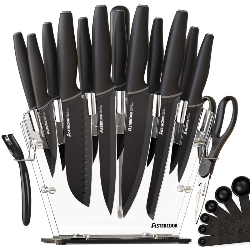 Ensemble de 16 couteaux de cuisine, acier inoxydable, antirouille, noir