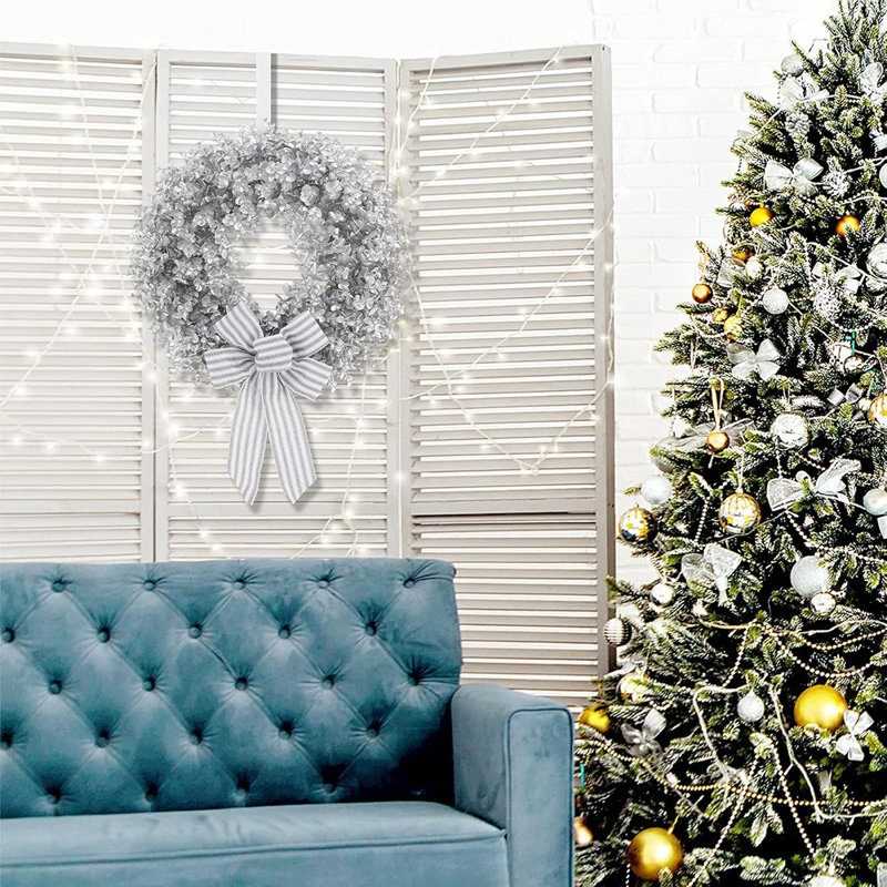 Couronne d'hiver - Argent - Décoration de porte d'entrée avec arc et support pour portes, fenêtres et foyers