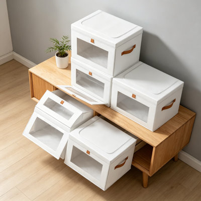 Collapsible Closet Storage Bins with Lids and Handles, Front Opening Design, PVC Window, Large Capacity Clothes Organizer Boxes for Living Room, Dorm, Linen Closet, 5 Pack, White