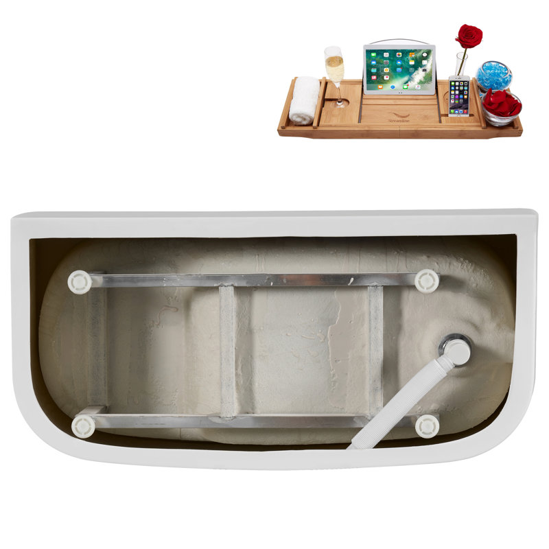 47" Streamline Soaking Acrylic Freestanding Bathtub, Bamboo Tray, Drain, Brushed Gold