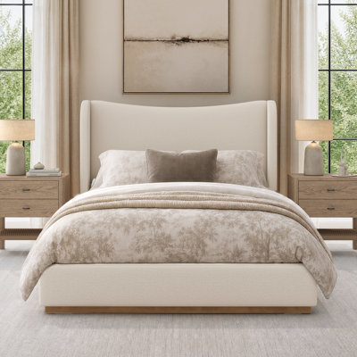Mid-Century Modern Upholstered Platform Bed Frame, with Linen Wingback Headboard