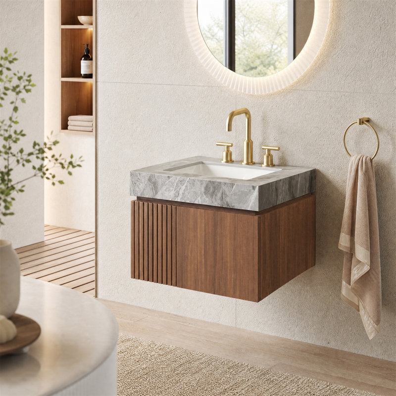 Meuble-lavabo mural 24 po avec dessus en pierre frittée et lavabo en céramique, portes à fermeture en douceur (robinet non inclus)
