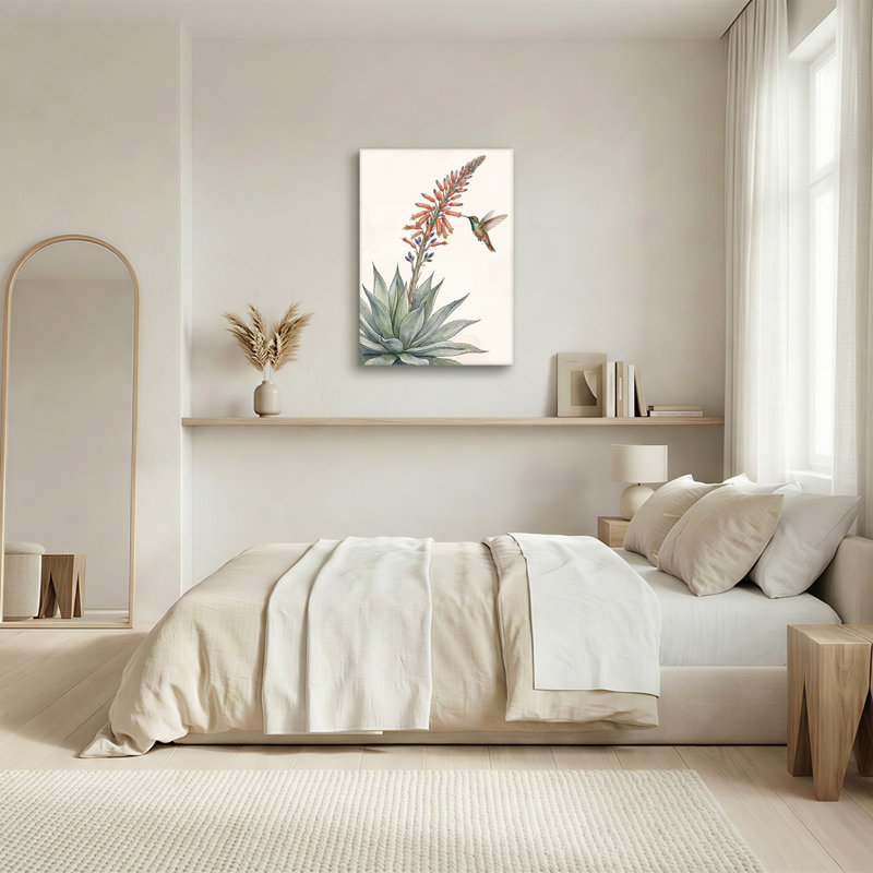 Tableau sur toile aquarelle représentant une plante d'agave et un colibri, H 24 po x l 16 po
