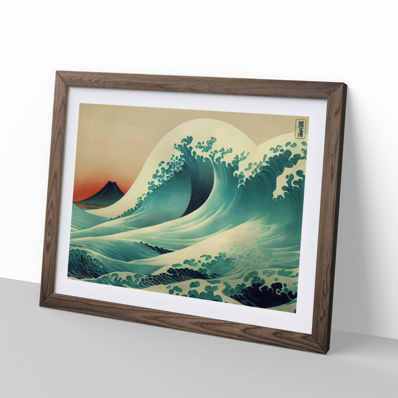 Japanese Wave By Mountains Vol.1 - Single Picture Frame Print, 25cm H x 34cm W x 2cm D, Walnut Framed