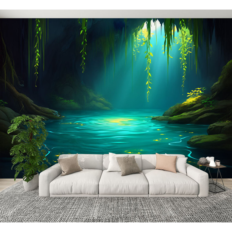 Papier peint adhésif pelez et collez Magical Cave Glowing Water Greenery Woodland Wallals H 100 po x l 144 po Papier peint amovible en PVC auto-adhésif