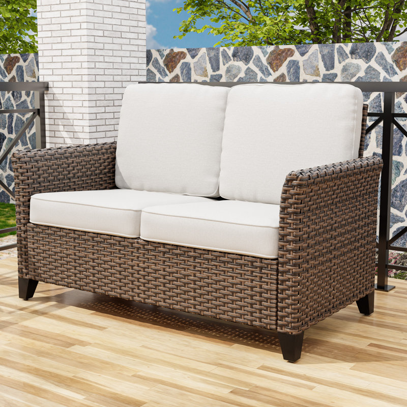 Causeuse d'extérieur mixte en rotin et osier avec accoudoirs courbés Mix Brown, Beige