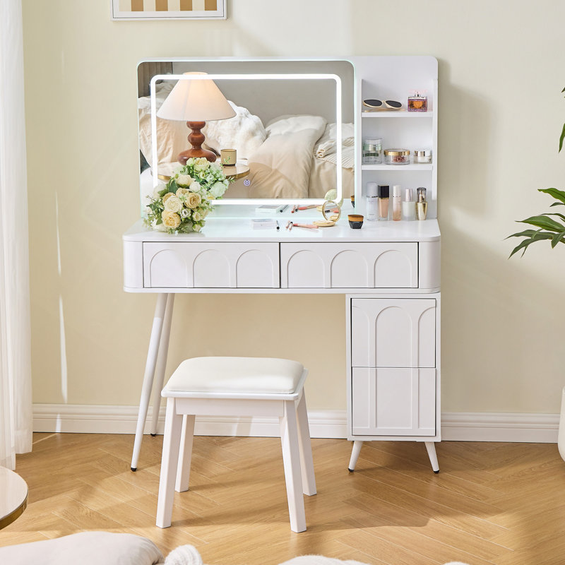 Ensemble de coiffeuse avec lumières DEL, miroir et coiffeuse 4 tiroirs avec tabouret pour chambre à coucher moderne, Blanc