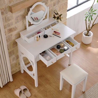 Coiffeuse compacte avec miroir réversible, coiffeuse avec tabouret, coiffeuse compacte pour petits espaces, blanc