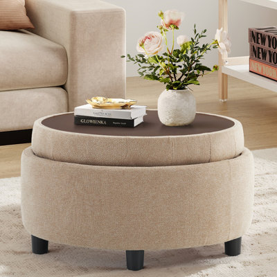 COLAMY Fabric Round Storage Ottoman with Reversible Tray Lid