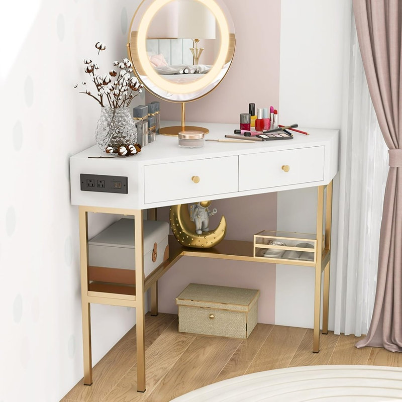 Bureau triangulaire à 90 ° avec 2 tiroirs et tablettes de rangement, coiffeuse d'angle pour la chambre à coucher, bureau d'ordinateur de coin compact pour les petits espaces