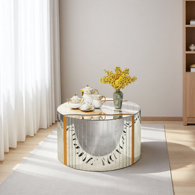 Marble Pattern Sticker Round Coffee Table Cylindrical Silver Mirror With Gold Dust Finish Modern Home Decor Compact Center Table