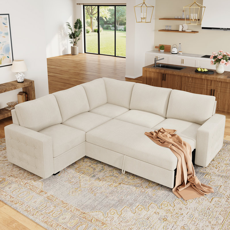 Brunella L-shaped Corner Sectional Sofa Bed with Pull-Out Bed, Beige Corduroy