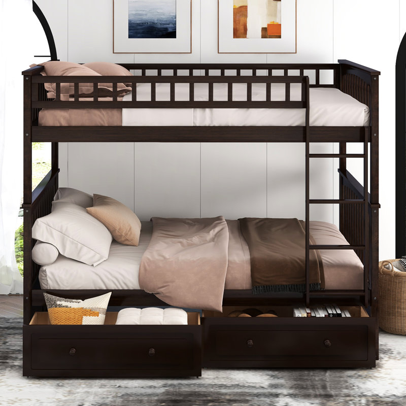 Lit superposé double au-dessus d'un lit double convertible, pin et maquillage, tiroirs avec caractéristiques de l'utilisateur, garde-corps en forme de clôture, lit simple à assembler, matériau en bois massif, pour un rangement supplémentaire, lisse