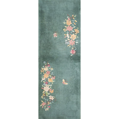 Small Size Wool Pile Green Color Antique Floral Chinese Deco Throw Rug