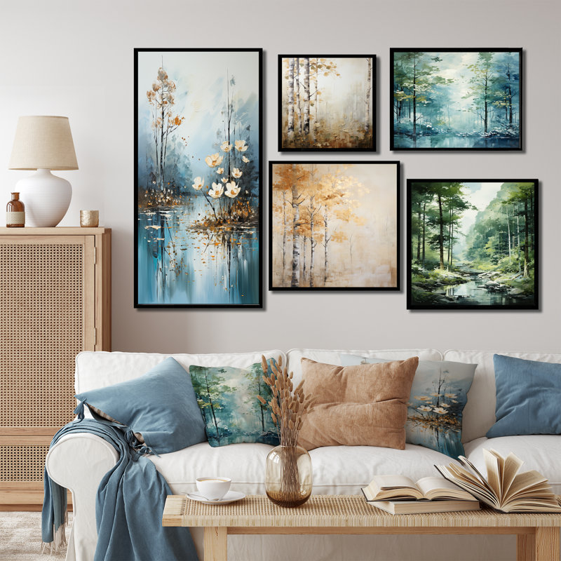 «Minimal River Forest», ensemble de 5 peintures murales liquides, Cadre flottant noir