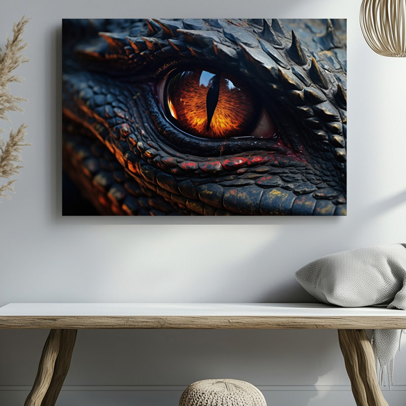 Toile vue de près d'un œil de dragon mettant en vedette des échelles complexes qui reflètent une surface texturée foncée avec des notes pour l'art mural sur toile