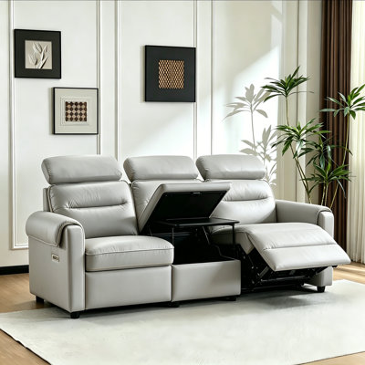 Shugar 87‘’ W 3-Seat Pillow Top Arm Kakhi Faux Leather Recliner Sofa With Storage