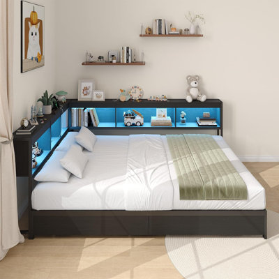 Corner Full Bed Frame with Bookcase Headboard, LED Lights and Drawers | Reversible Setup, Rgb Lighting, 2 Ac/2 Usb Ports, Rolling Drawers