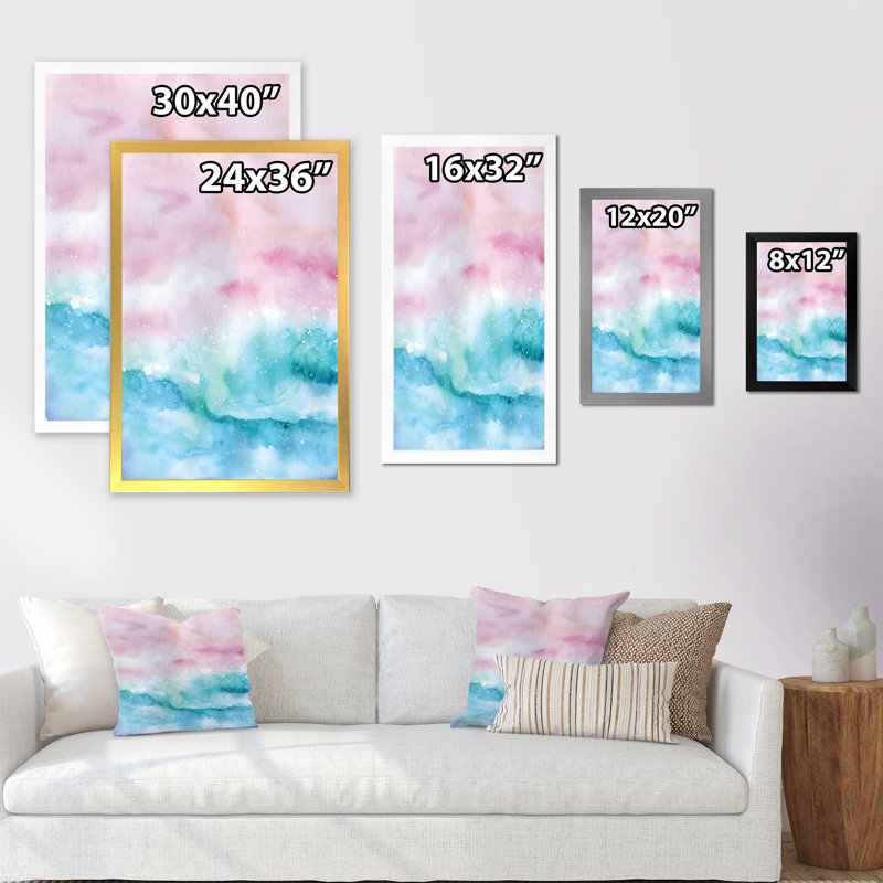 Abstrait océan rose et vagues bleues III - Peinture, H 12 po x l 8 po x P 1 po, Cadre photo argenté